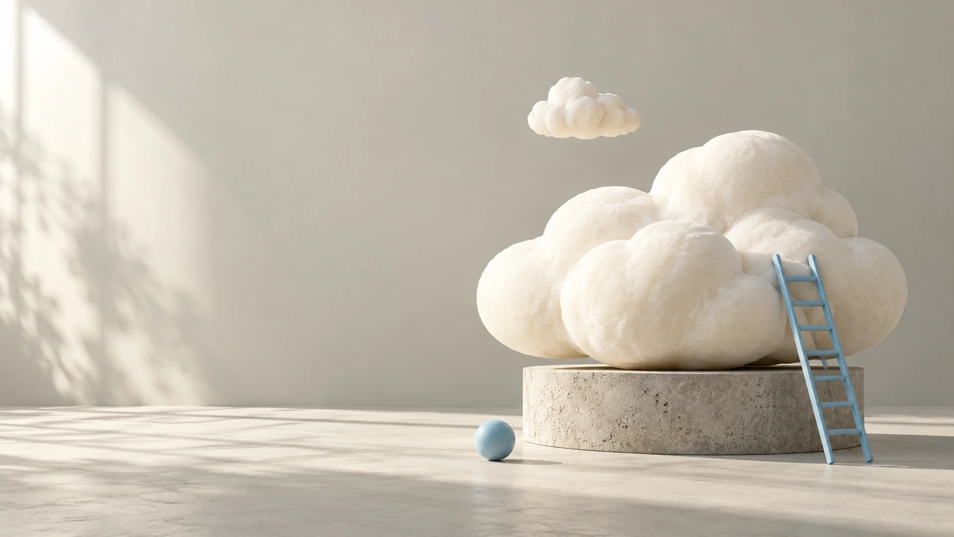 A cloud on a stone pedestal with a tiny blue ladder in a quiet daydream archive