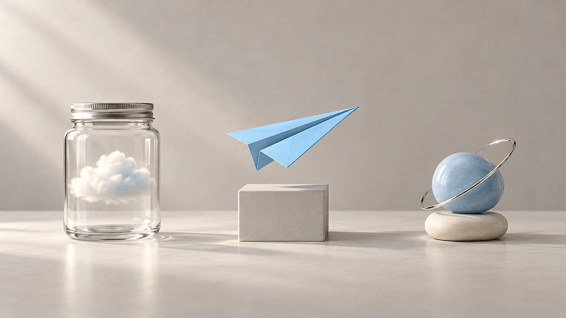 Three surreal finds: a cloud inside a glass jar, a blue paper airplane and a blue pebble encircled by a silver ring