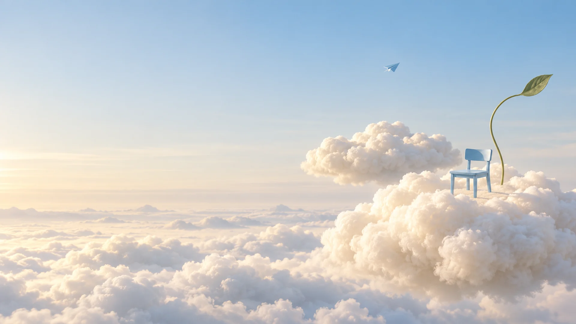 An empty blue chair waiting on a cloud in a quiet sky garden